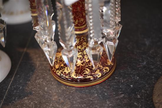 A pair of Bohemian gilt-decorated ruby glass table lustres, late 19th century, 27cm, one with damage